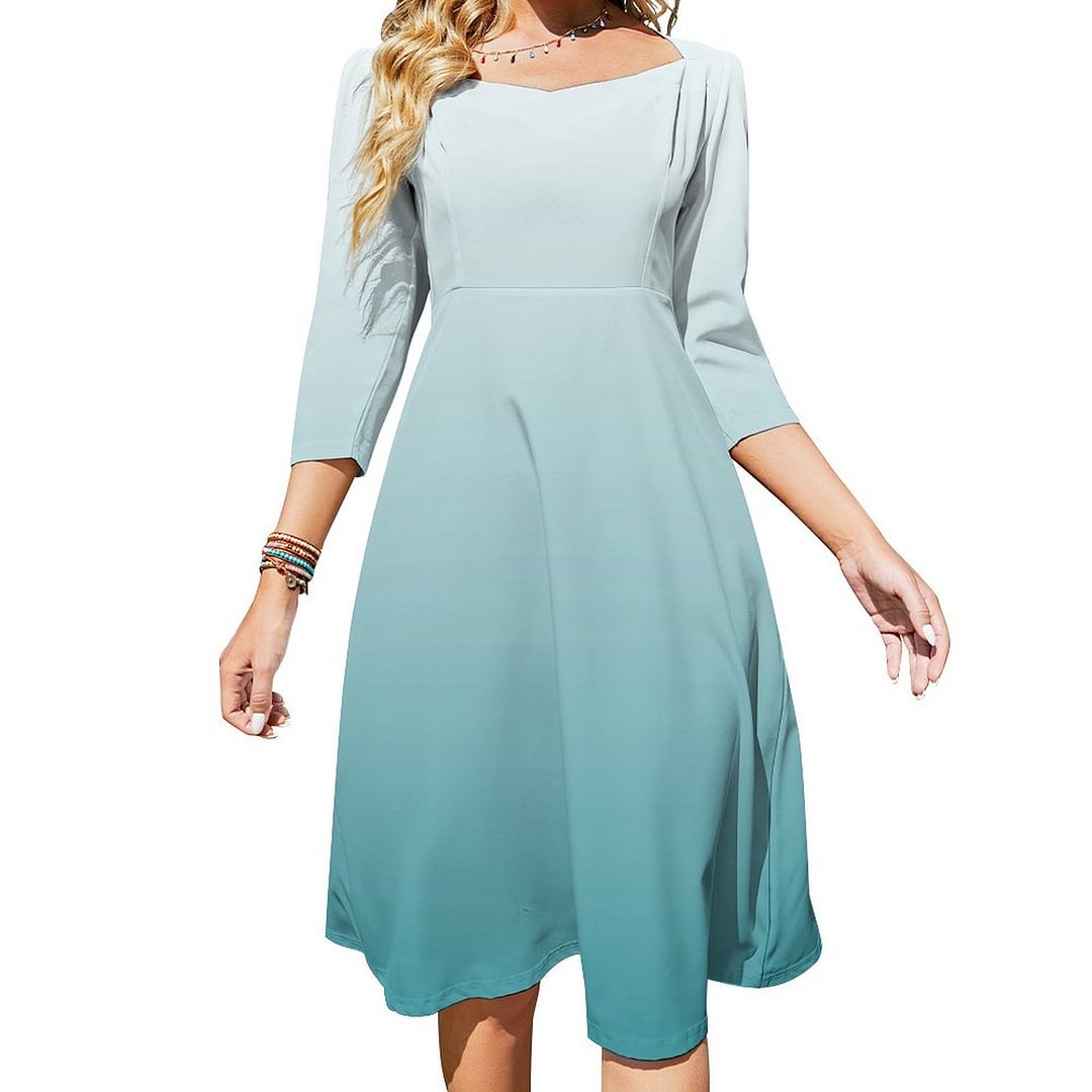 Ombre Teal And Mint Abstract Design Dress Sweetheart Tie Back Flared 3/4 Sleeve Midi Dresses