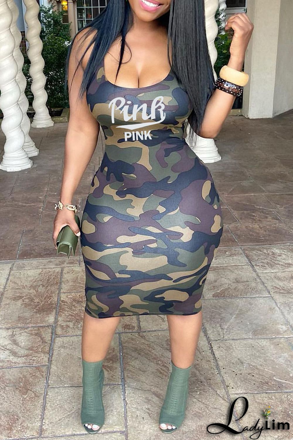 Grey Sexy Print Camouflage Print Patchwork U Neck One Step Skirt Dresses