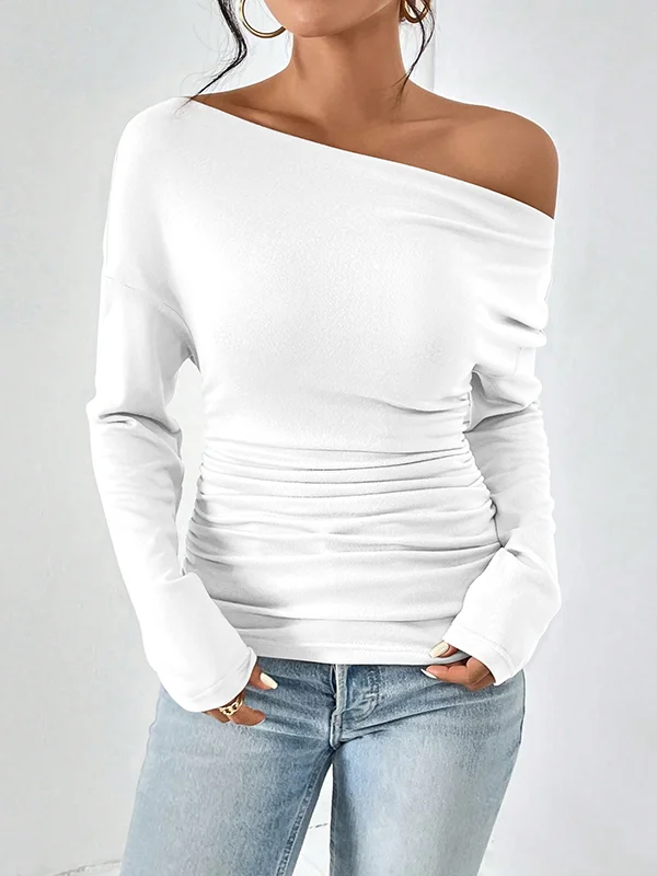 Long Sleeves Skinny Solid Color One-Shoulder T-Shirts Tops