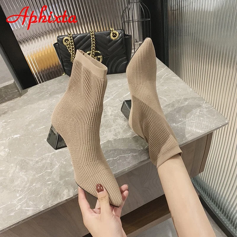 Aphixta Black 6cm Metal Square Heels Cotton Socks Boots Women Stretch Fabric Pointed Toe Shoes Ankle Boots For Woman Boats