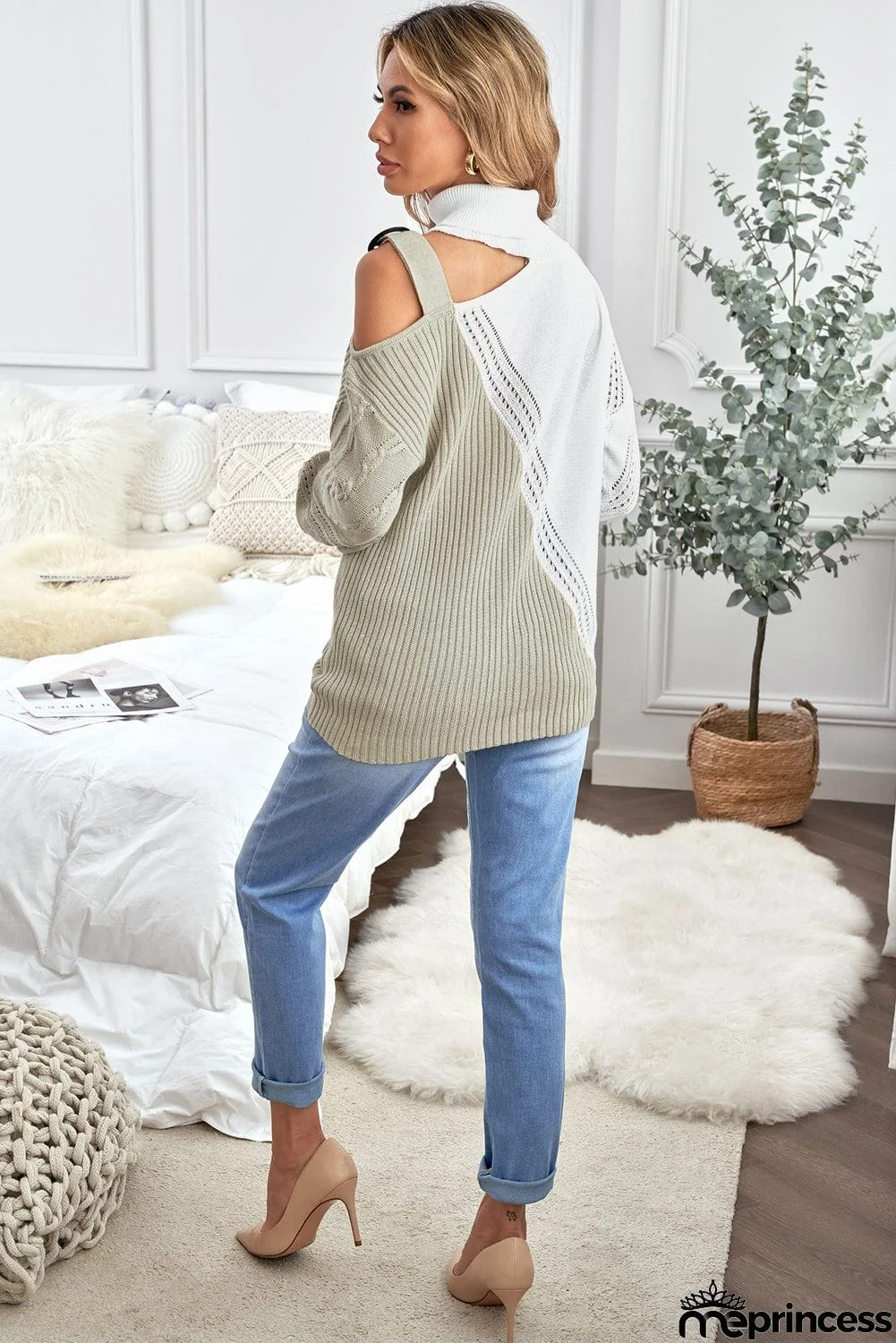 Chic Apricot White Turtleneck Cold Shoulder Sweater