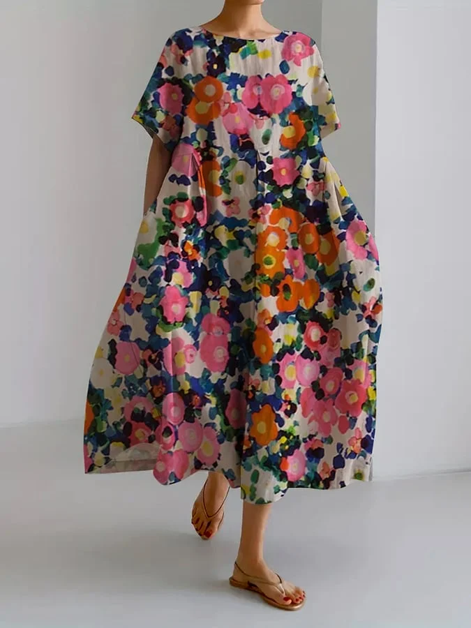 Women's Art Oil Painting Design Casual Loose Dress (With Pockets)