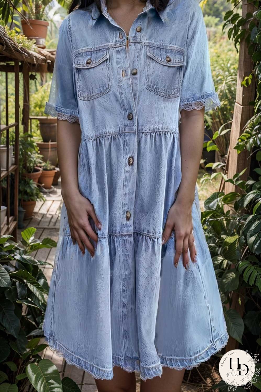down loose short sleeve denim jean dress drop shoulder a line paneled peasant closed bateau v neck dress