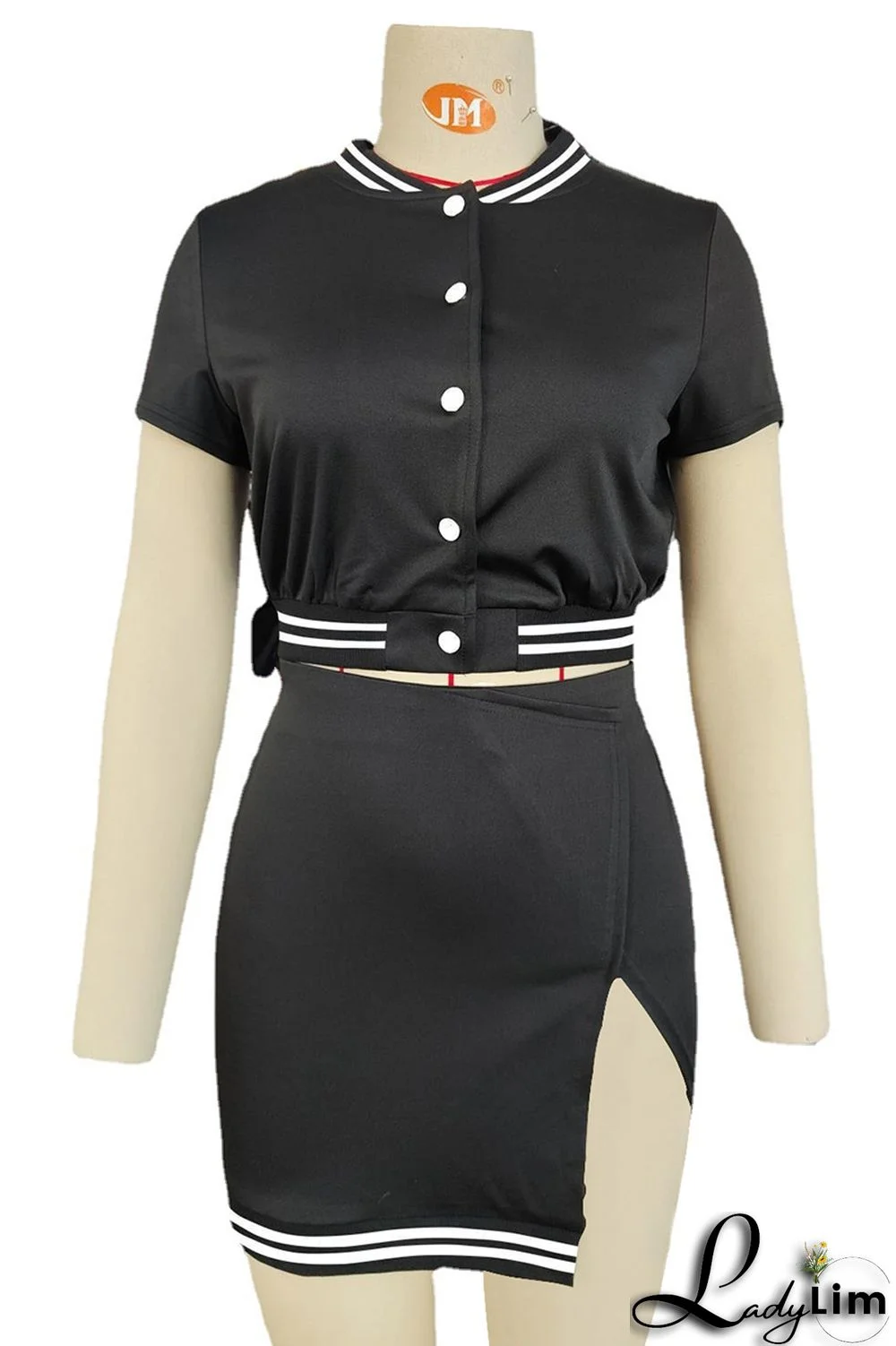 Black Fashion Sexy Solid Split Joint Slit Short Sleeve Two Pieces