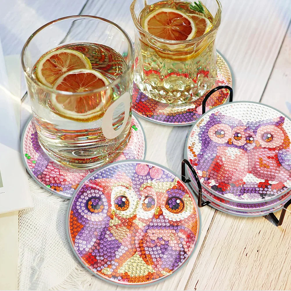 [Upgrade - Waterproof Coaster]6pcs DIY Owl Coaster Set Holiday Christmas for Adults and Beginners(With Covers)