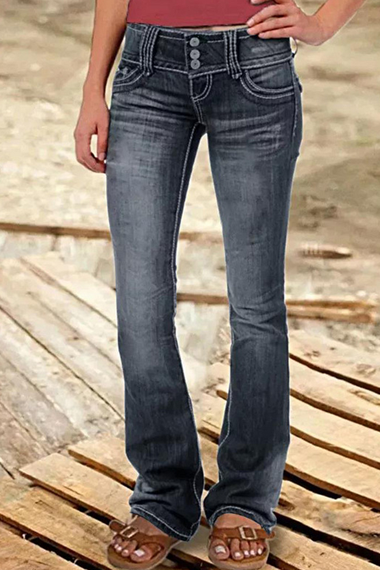 Street Patchwork Ripped High Waist Boot Cut Denim Jeans(8 Colors) socialshop