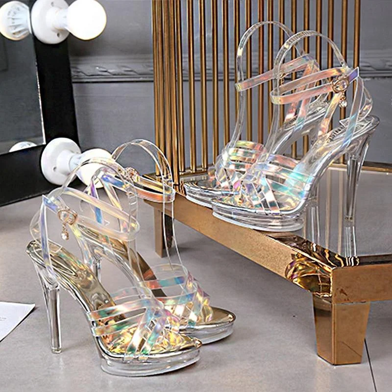 2021 Trendy New High-Heeled Shoes, Color-Changing Glass Strips, Fashion Sandals, Light And Luxurious High-Heeled Women's Shoes