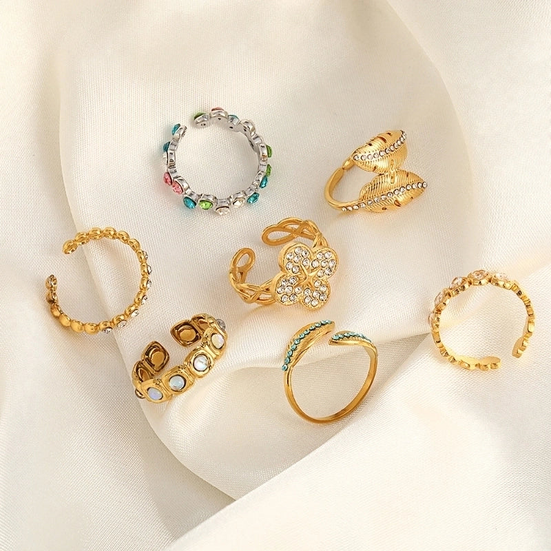 2 Pieces Modern Style Classic Style Geometric Leaf Heart Shape 304 Stainless Steel Zircon 18K Gold Plated Plating Open Rings