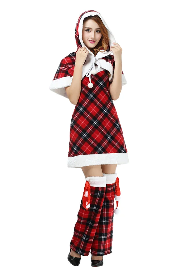 Fancy Cute Plaid Christmas Miss Santa Dress Costume Red-elleschic