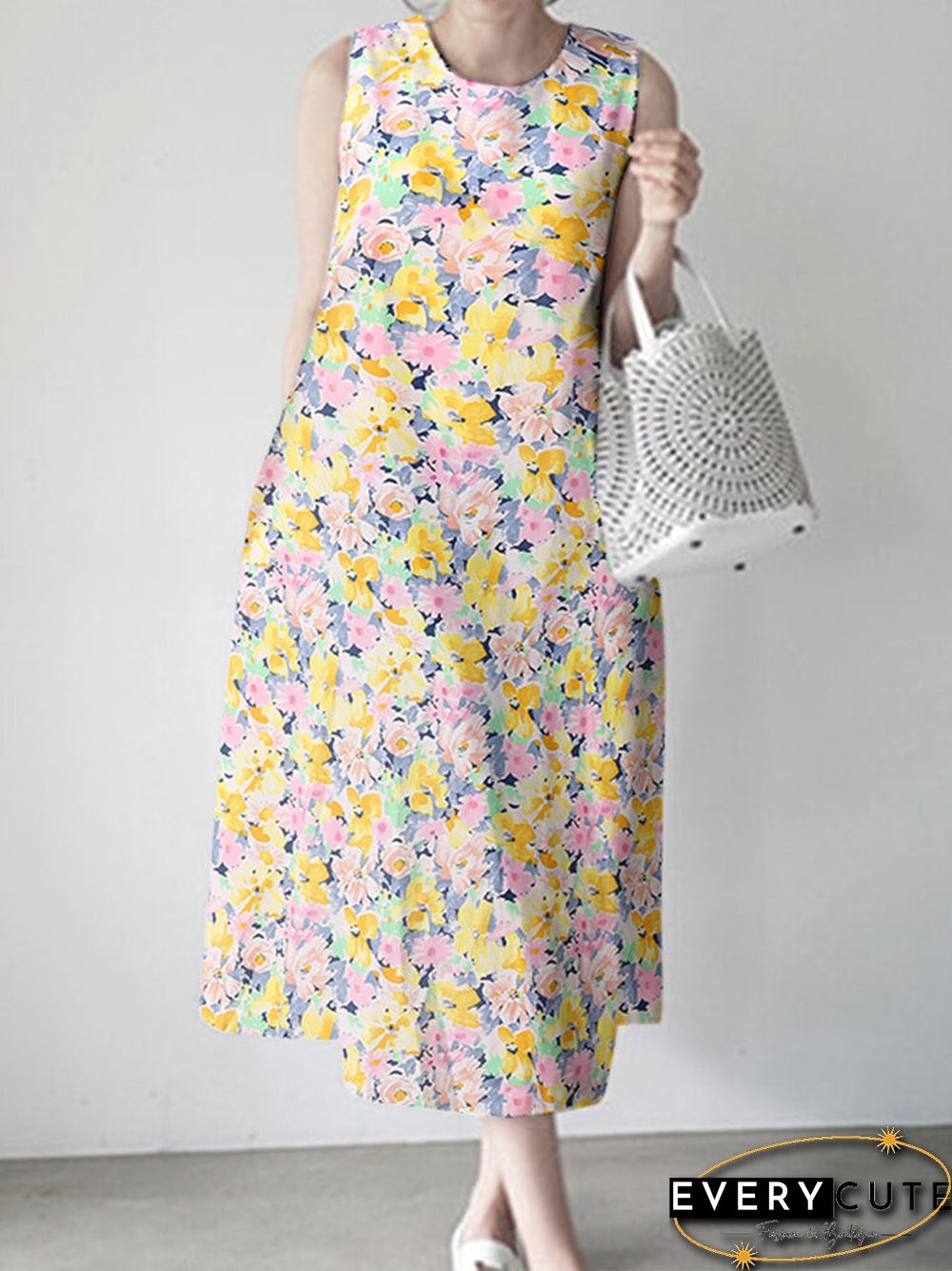 Calico Sleeveless Round Neck Print Dress