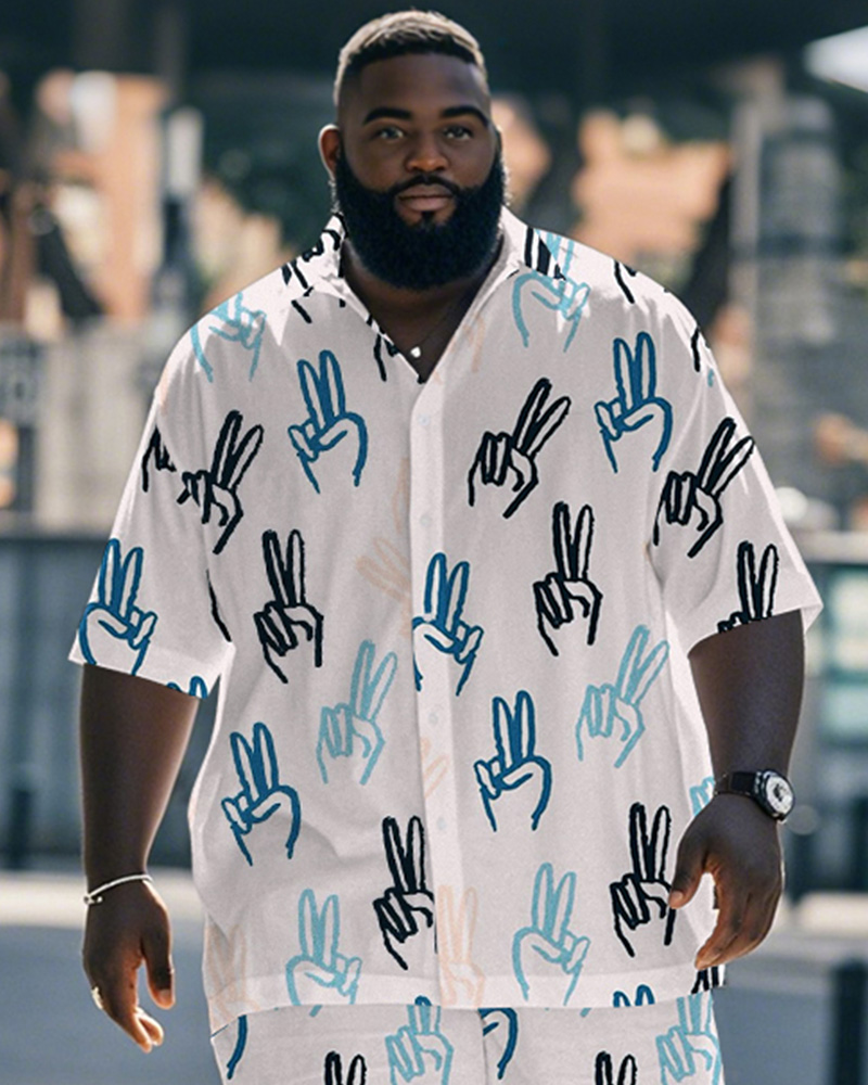 Men's Plus Size Street Fashion White Graffiti Gesture Print Shirt Shorts Suit