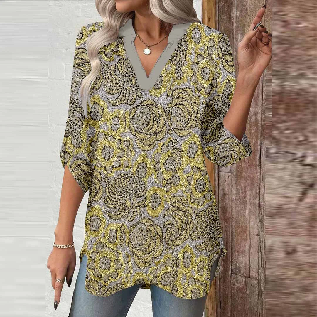 Women Floral, Gray, Gold DZGA0467 3/4 Sleeve V-neck Printed Graphic Button Tops