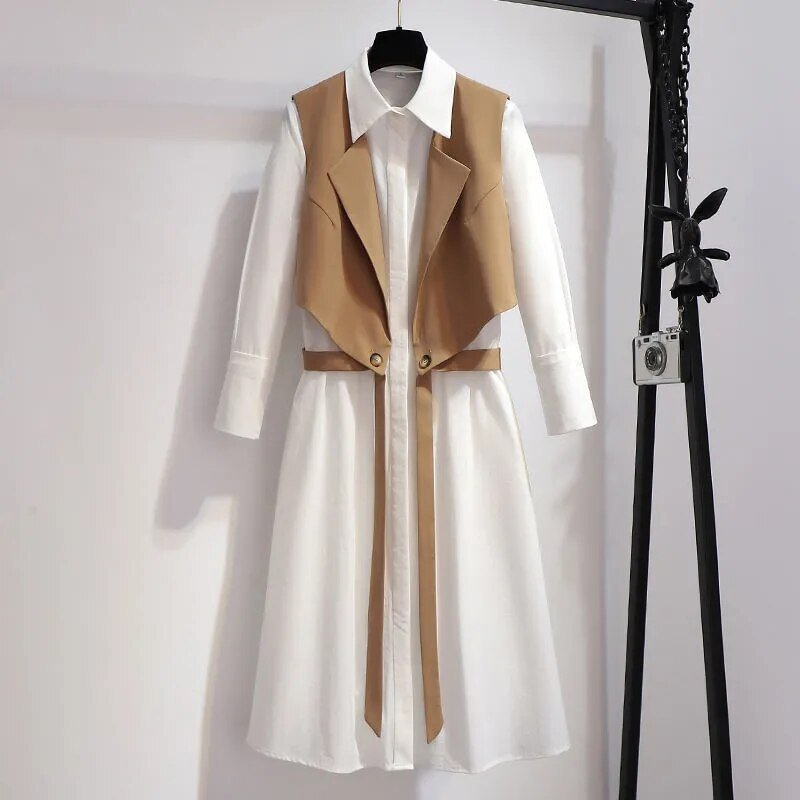 Dress suit female large size 2021 spring and autumn new fashion suit tie ribbon waistcoat mid-length shirt dress two-piece suit