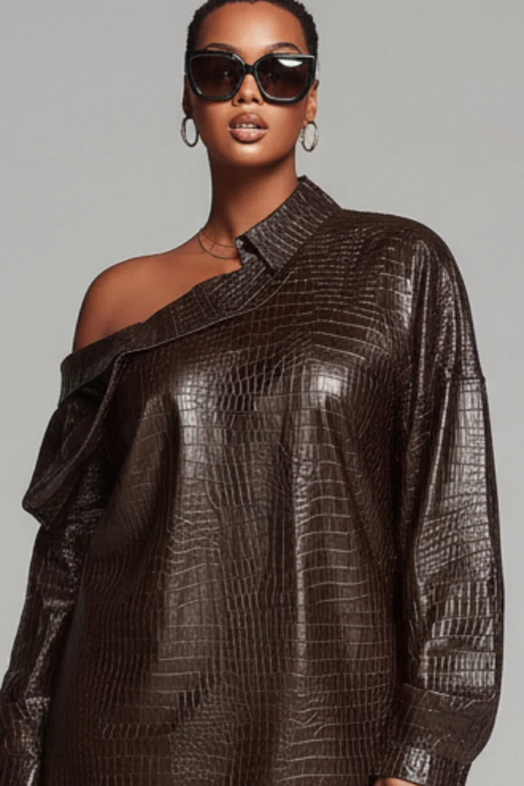 Xpluswear Design Plus Size Party Brown Oblique Collar Long Sleeve Crocodile Embossed Casual PU Leather Mini Dresses