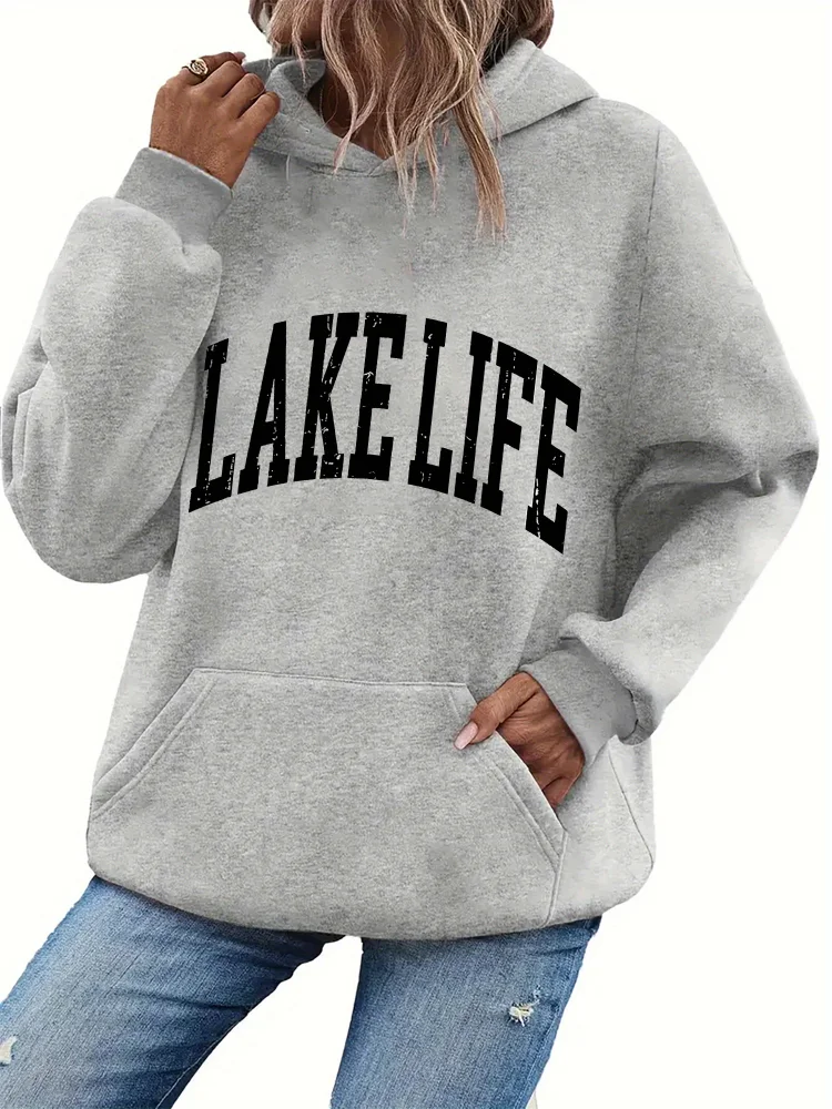 Women's Lake Life Hooded Sweatshirt With Bold Letter Print, Kangaroo Pocket & Relaxed Fit - Light Grey Casual Pullover For Outdoor Travel, All-Season Machine Washable, Leisure Clothing, Graphic Hoodie, Comfortable Clothing