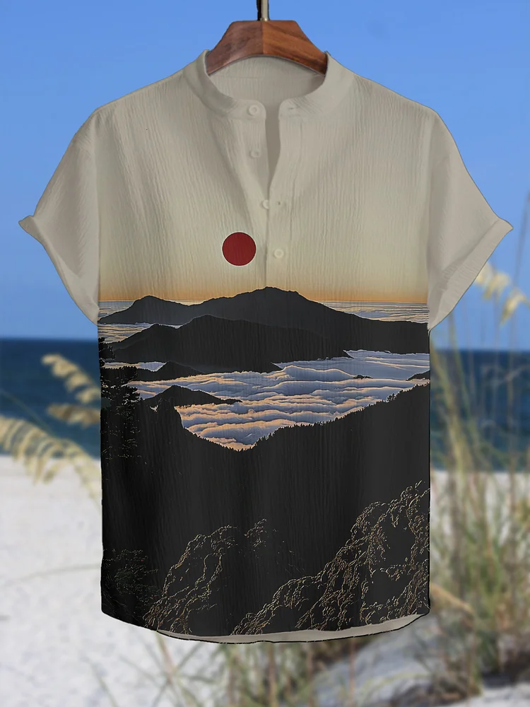 Men's Sunset Landscape Japanese Art Print Half Button Shirt