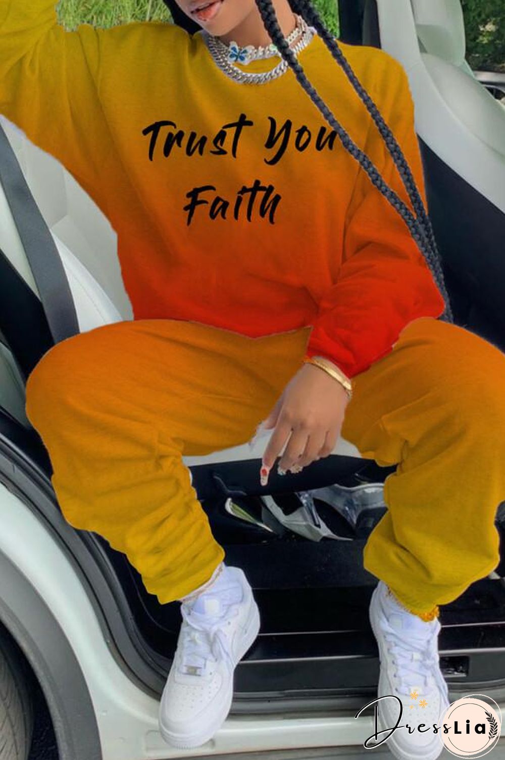 Fashion Casual Gradual Change Letter Print Two Piece Set