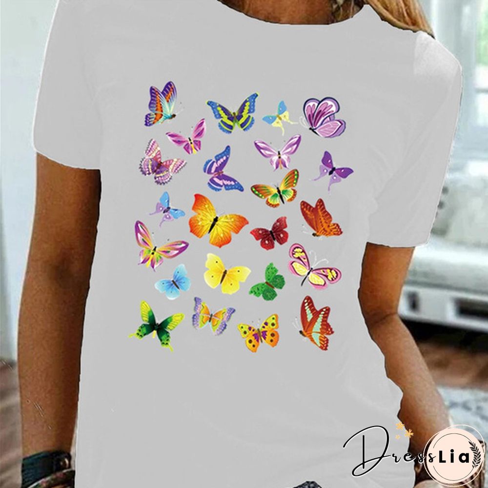 Colorful Butterfly Printed Female T Shirt Summer Fashion Short Sleeve Women T Shirts Round Neck Top Tees