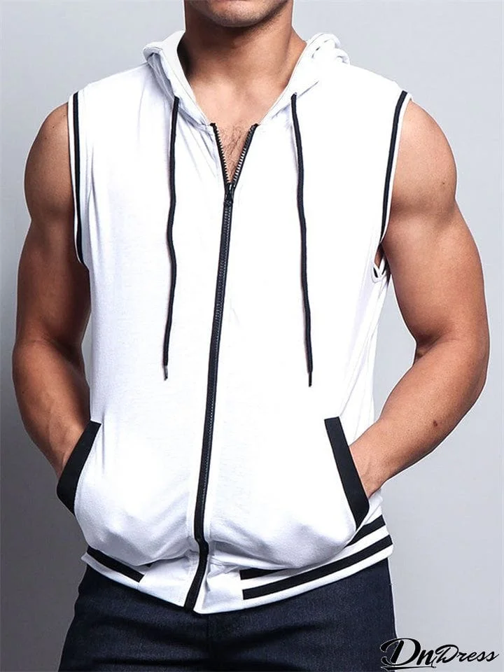 Sporty Loose Zip Up Sleeveless Training Muscle Hooded Vest for Men