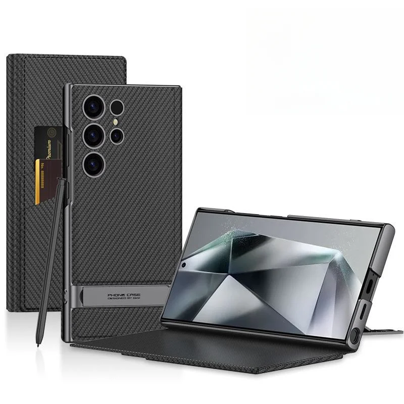 Samsung S Series Folding Stand Carbon Fiber Fine Pore Leather Phone Case