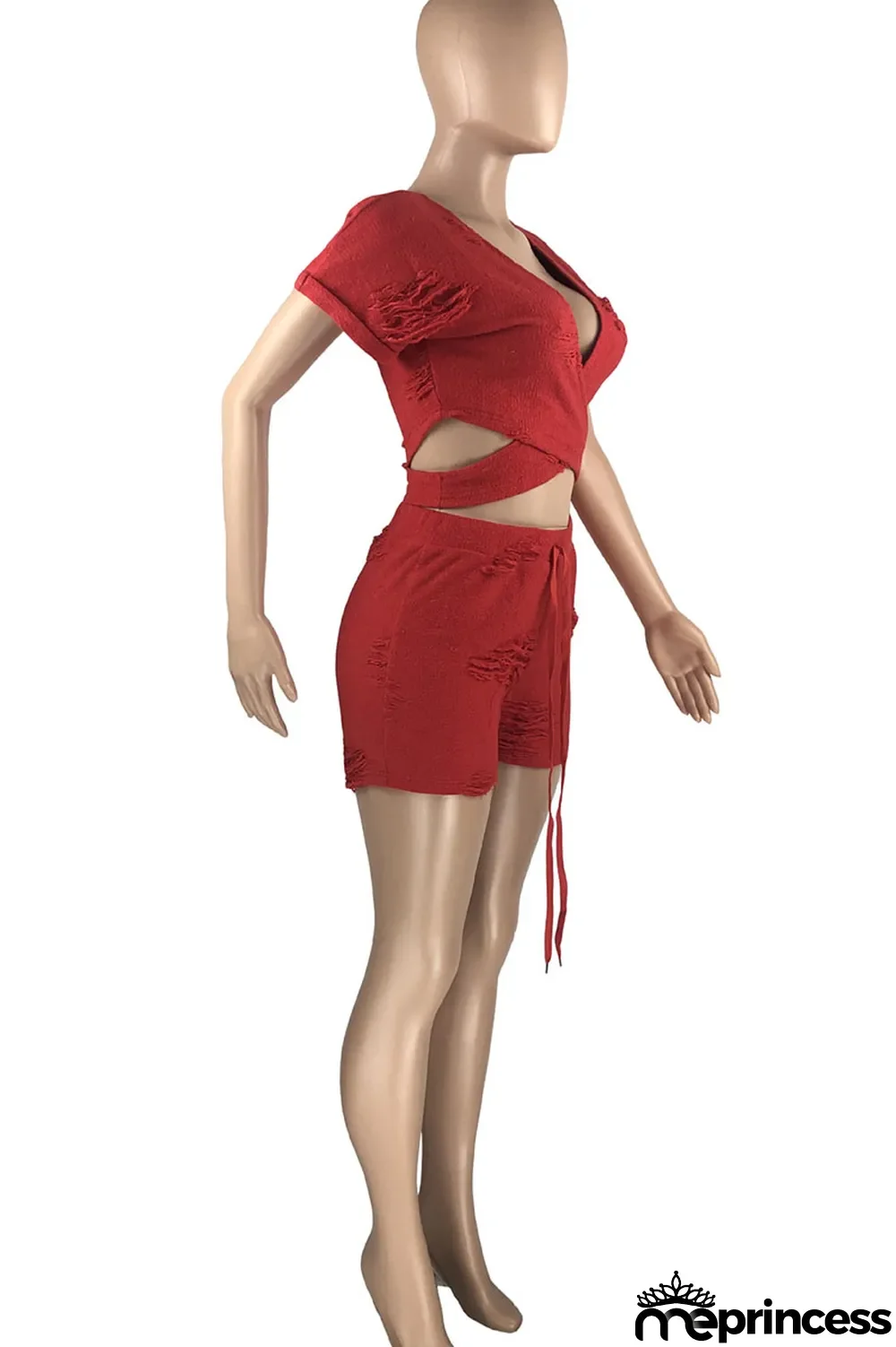 Grey Casual Solid Ripped Hollowed Out Split Joint V Neck Short Sleeve Two Pieces