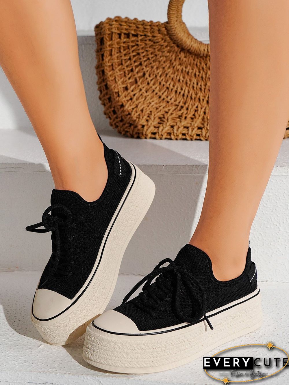 Fashionable Lightweight Breathable Lace-Up Platform Flyknit Casual Shoes