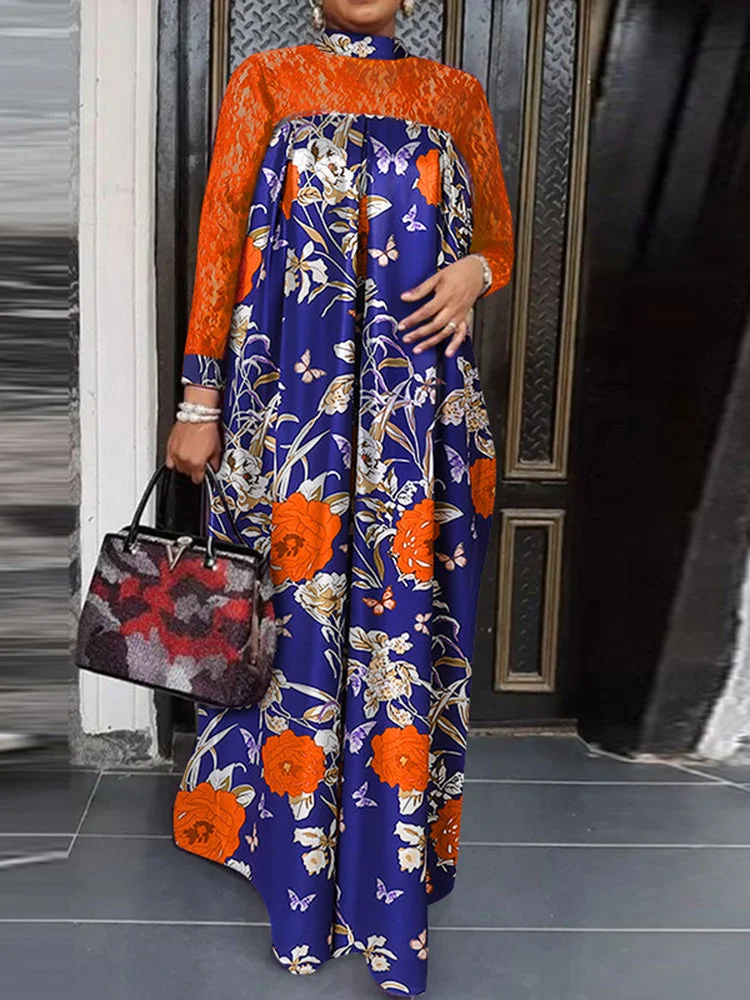 Contrast Flower Lace Stand Collar Long Sleeve Maxi Dress SKUJ40691 QueenFunky