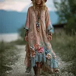 Boho Colorful Flowers Patchwork Flowy Linen Maxi Dress - Image 2