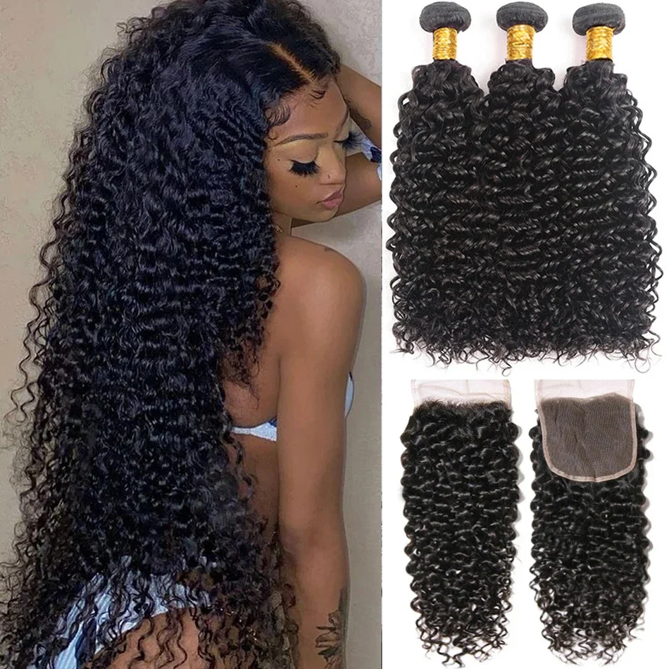 12A 4PCS + 4X4 HD Lace Closure Deep Curly 100% Hair Extension With 4X4 Transparent Lace Closure