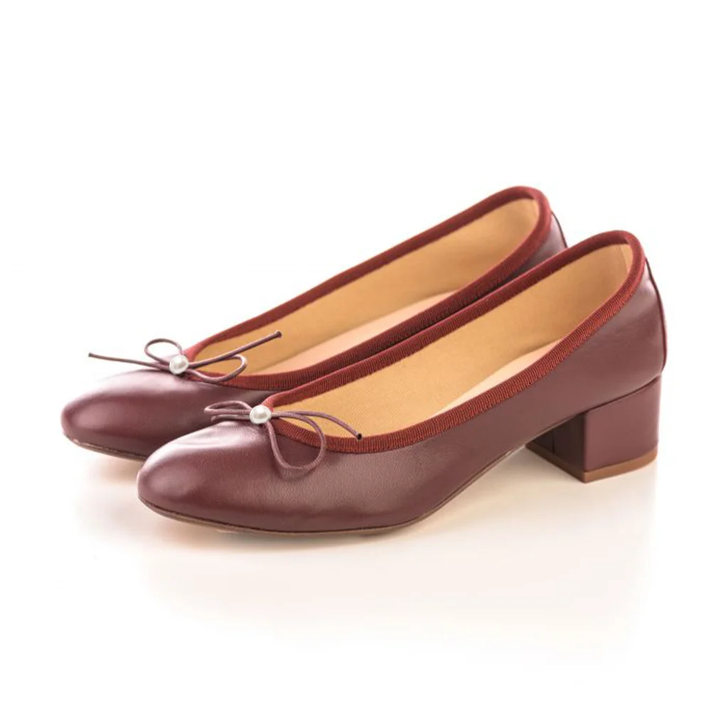 Round Toe Red  Pumps With Pearl Bow Decor Chunky Low Heel Nicepairs