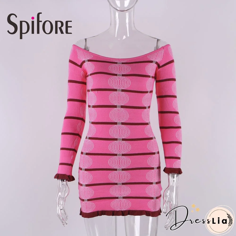 Spifore Off Shoulder Sexy Mini Dress Slash Neck Long Sleeve Bodycon Ladies Outfit Clubwear Party Stretch Knitted Vestidos Winter