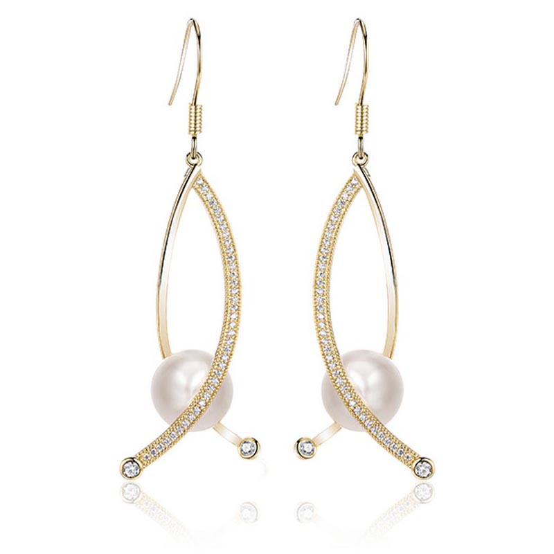 MIKAMU Long Pearl Dangle Earrings for Women 14K Gold Plated Cubic Zirconia Sterling Silver Post Pearl Drop Cross Curved Earrings Valentine;s Day Mothers Day Jewelry Gifts