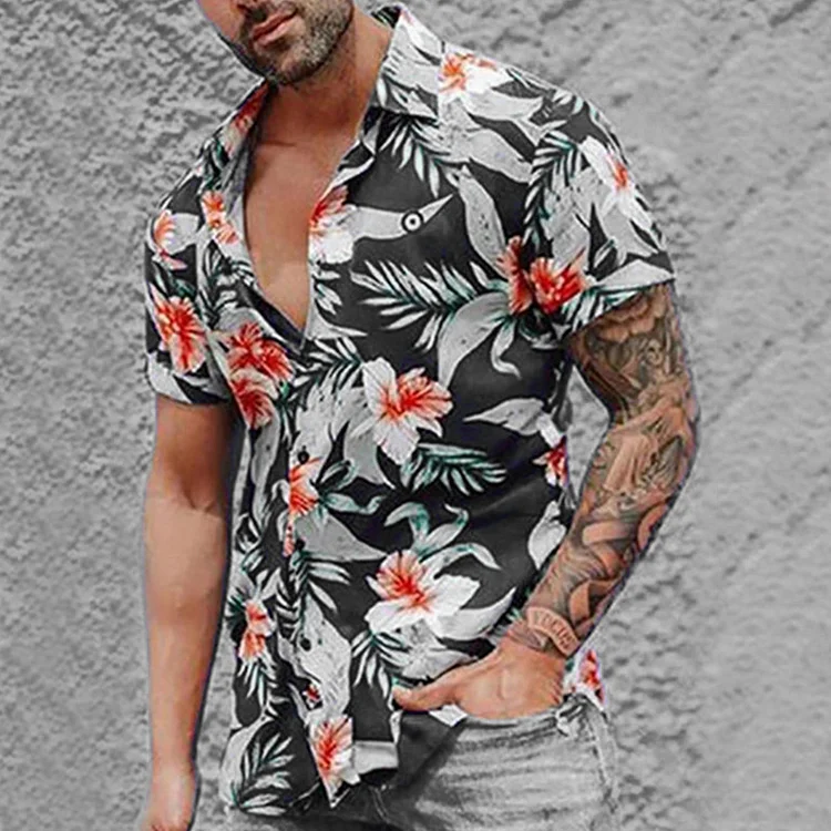 ZUKOC Men's Botanical & Floral Print Short Sleeve Chic Casual Shirt