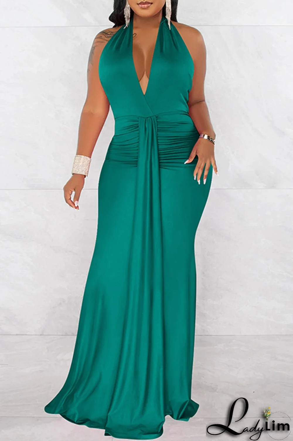 Green Fashion Sexy Solid Bandage Patchwork Backless Fold Halter Long Dress