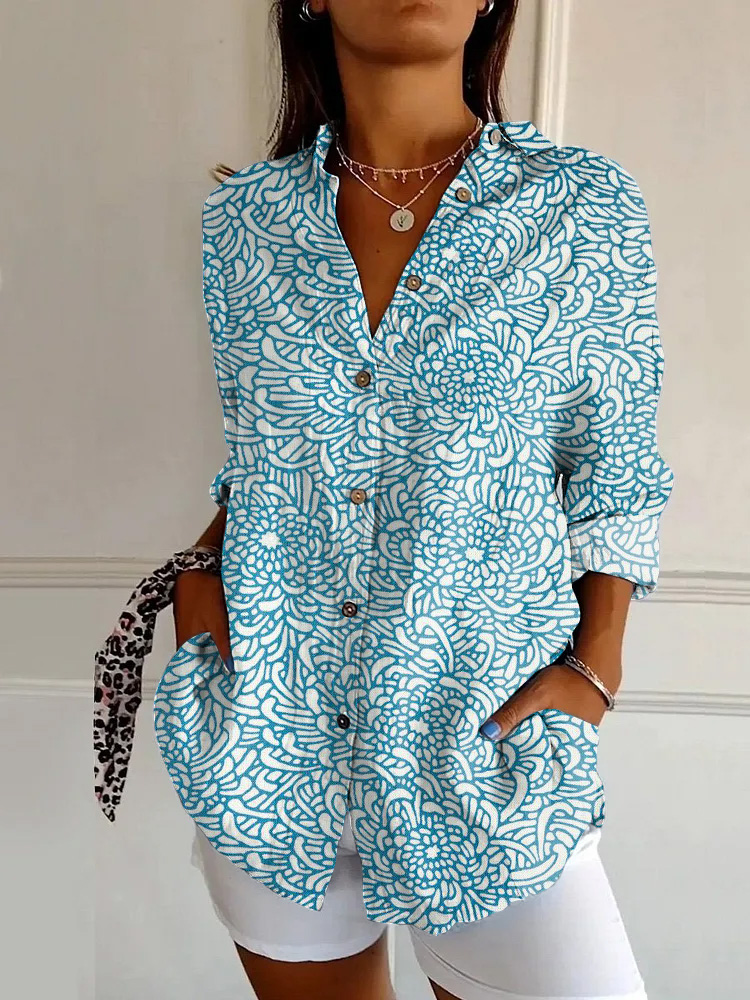 Japanese Classic Blue Chrysanthemum Print Casual Long-sleeved Shirt