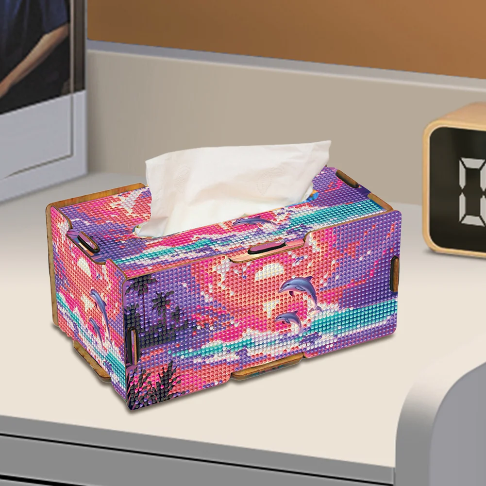 Diamond Painting Tissue Box Kits Rhinestone Craft Kit (Pink Sunset Dolphin)
