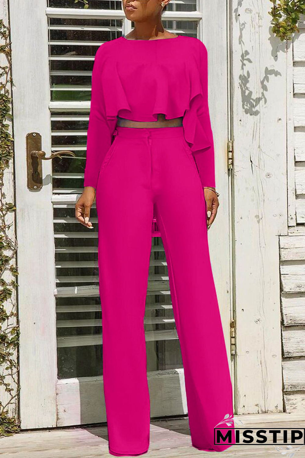 Rose Red Casual Solid Flounce O Neck Long Sleeve Two Pieces