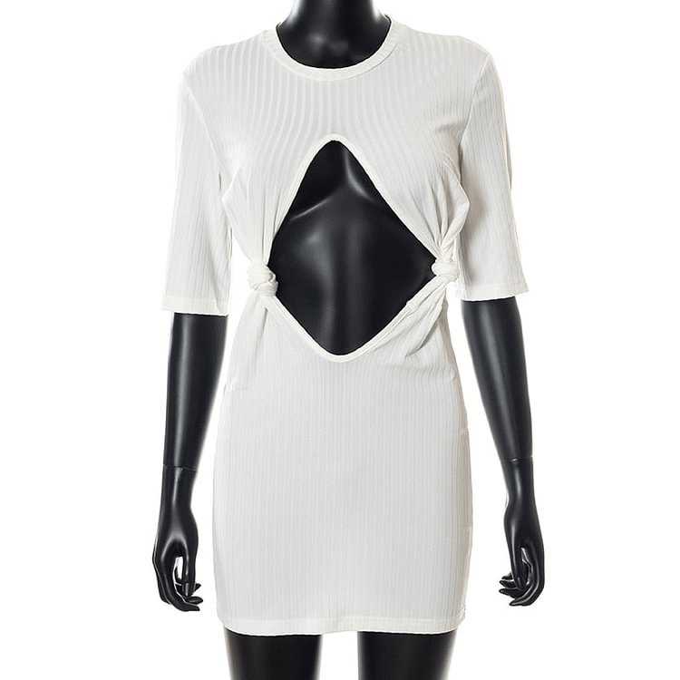 Hugcitar Solid Short Sleeve Hollow Out Backless Bandage Mini Sexy Dress 2021 Summer Autumn Women Fashion Outfits Party Club Y2K
