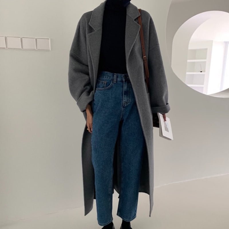 Aachoae Women Elegant Solid Long Wool Coat With Belt Chic Batwing Long Sleeve Pockets Loose Coat Female Autumn Winter Outerwear