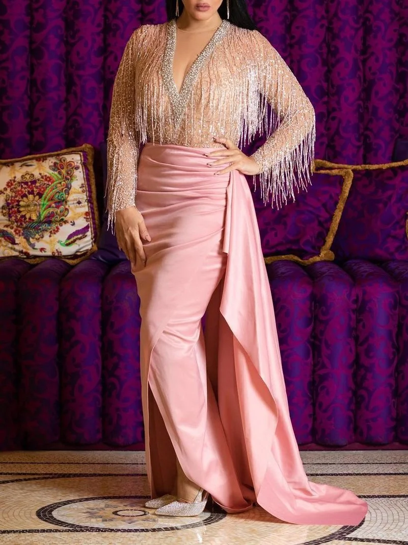 Sexy tasseled V-neck bag hip evening dress-zachics