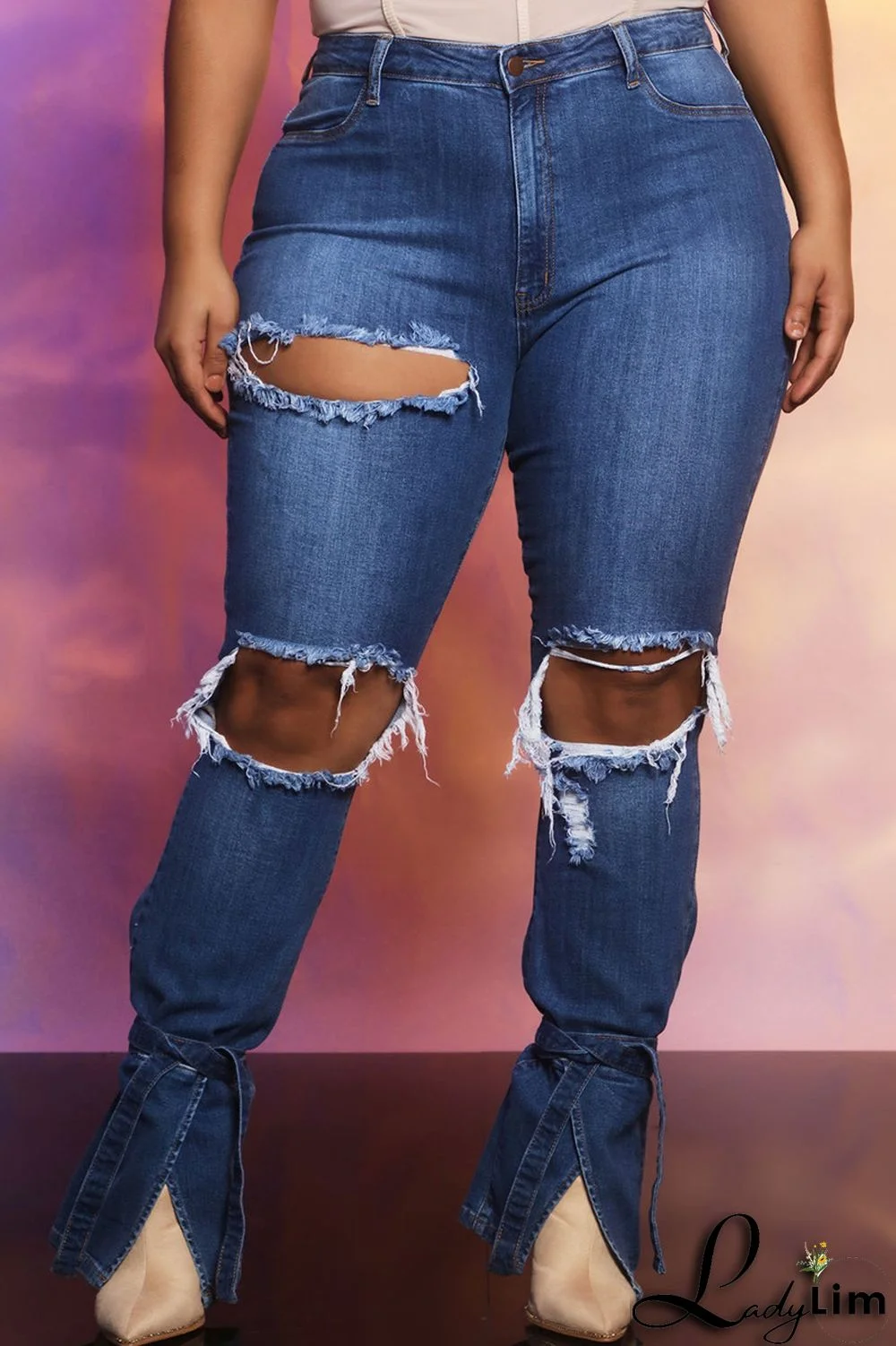 Blue Fashion Casual Solid Ripped Slit Mid Waist Regular Denim Jeans