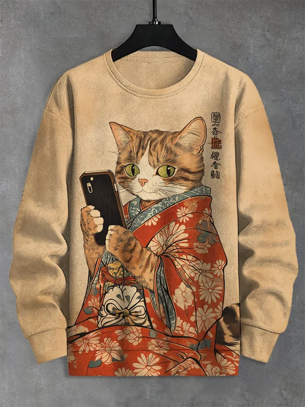 Men's Kimono Cat Playing Mobile Phone Art Print Casual Sweatshirt