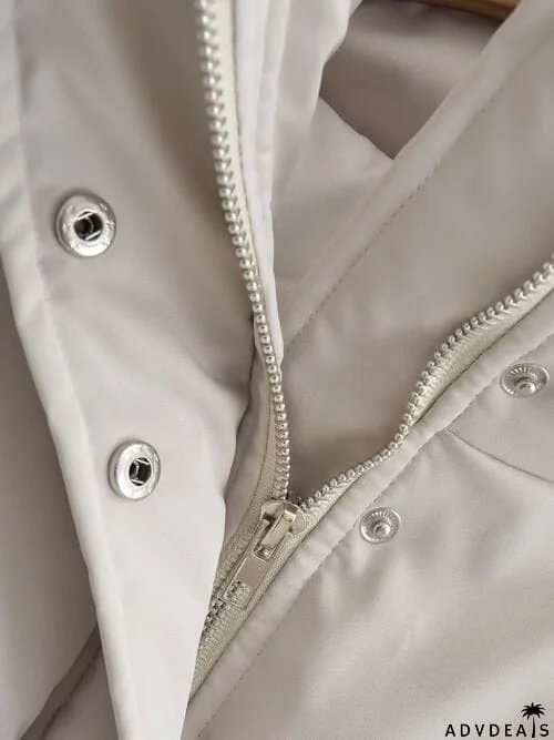 Snap and Zip Closure Drawstring Cropped Winter Coat