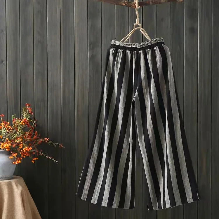 Retro Artistic Cotton Linen Striped Casual Pants