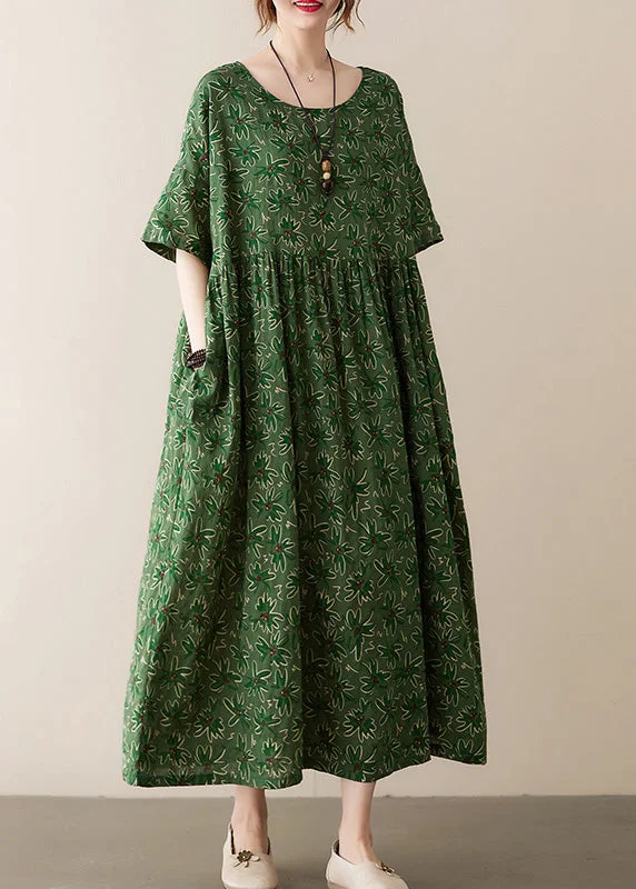 Green Patchwork Wrinkled Cotton Long Dress Summer