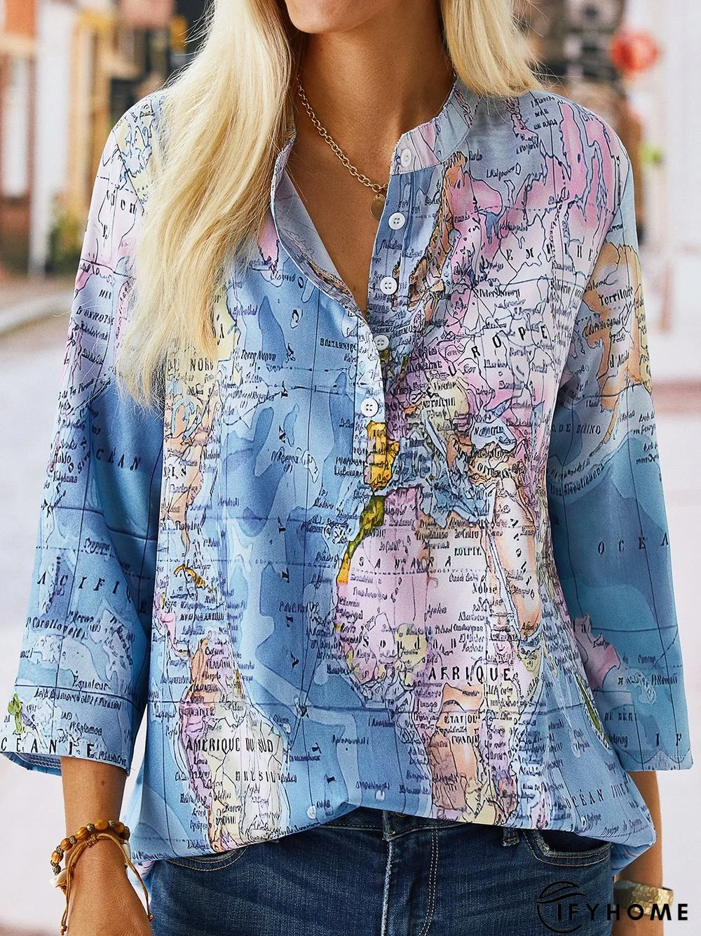 3/4 Sleeve Map Printed V Neck Casual Top | IFYHOME