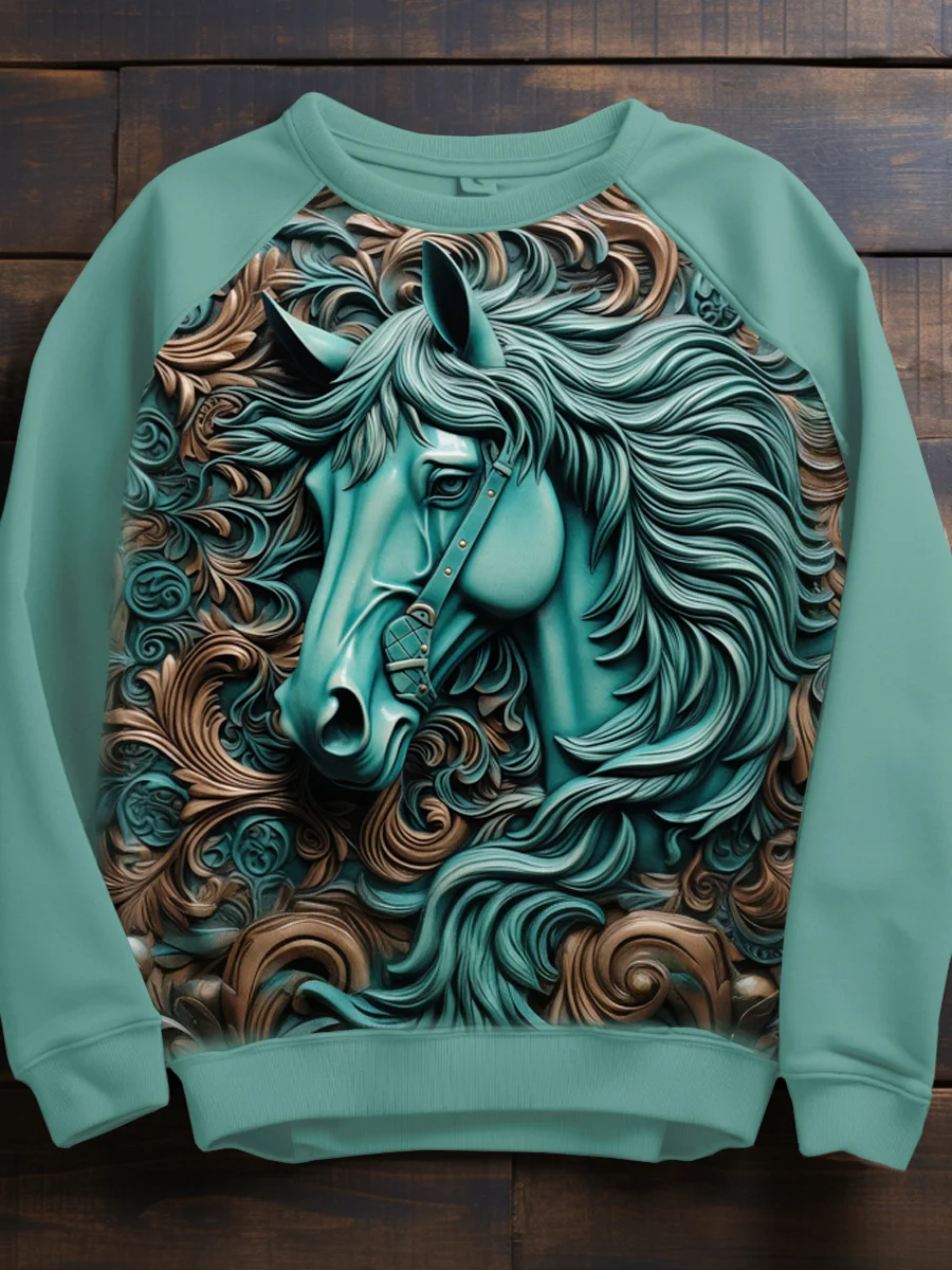 Retro Horse Art Round Neck Print Sweatshirt