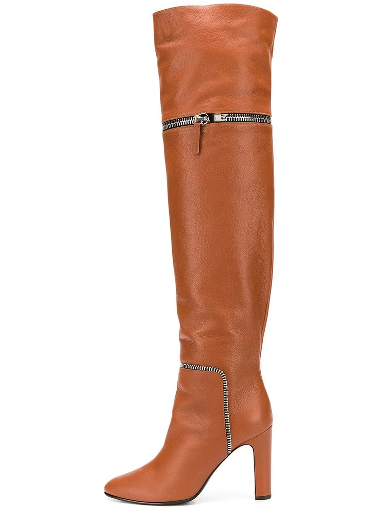 Tan Chunky Heel Over-the-Knee Zip Boots Vdcoo