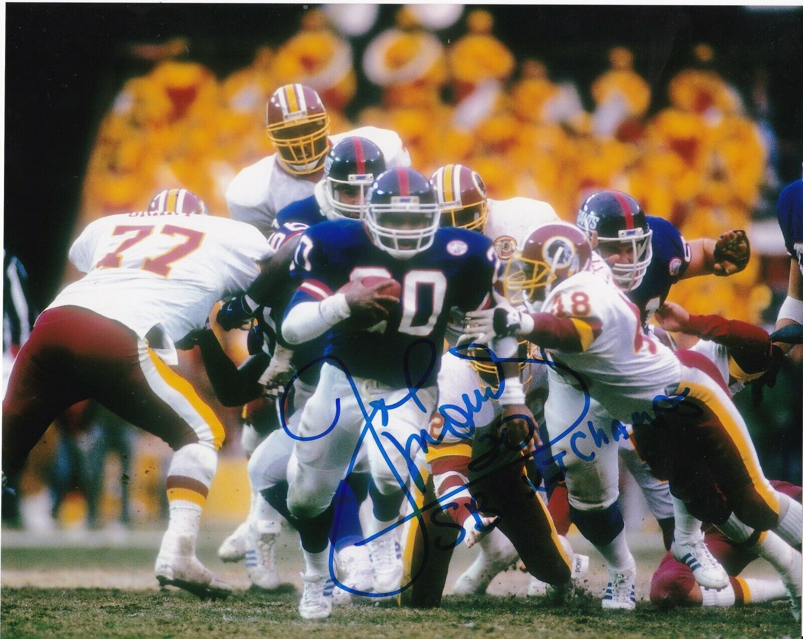 JOE MORRIS NEW YORK GIANTS SB XXI CHAMPS ACTION SIGNED 8x10