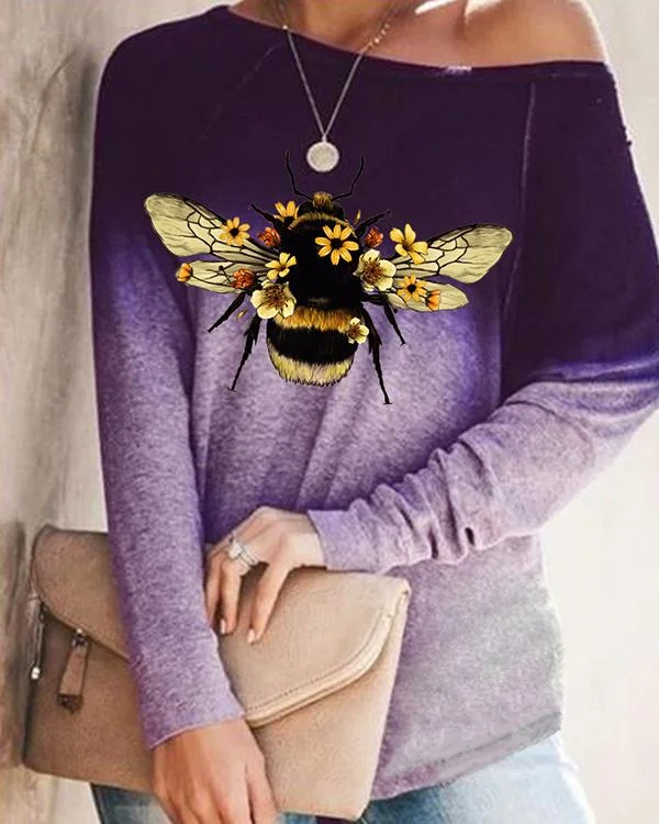 Autumn Ombre Bee Print Long Sleeve Loose T-Shirt